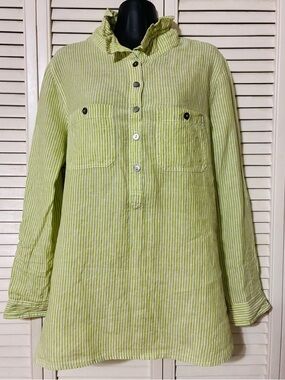 John Mark M Lime Green Striped linen blouse w/wired collar and floral back.